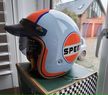 Street King open-face helmet DOT & ECE approved in light blue with orange trim SPEED logo on Tampa Home & Garden Store