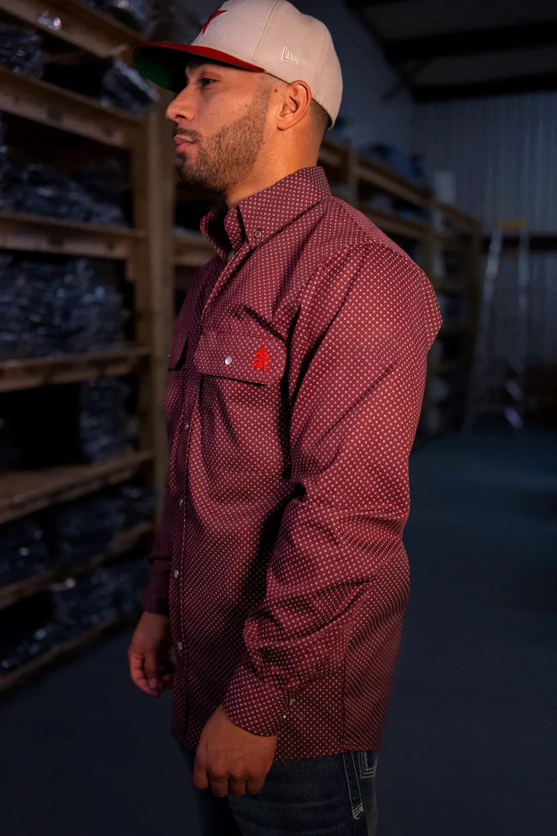 FR Pearl Snap Work Shirt - Rustline rust pattern, red tree embroidery on pocket Static FR on Tampa Home & Garden Store
