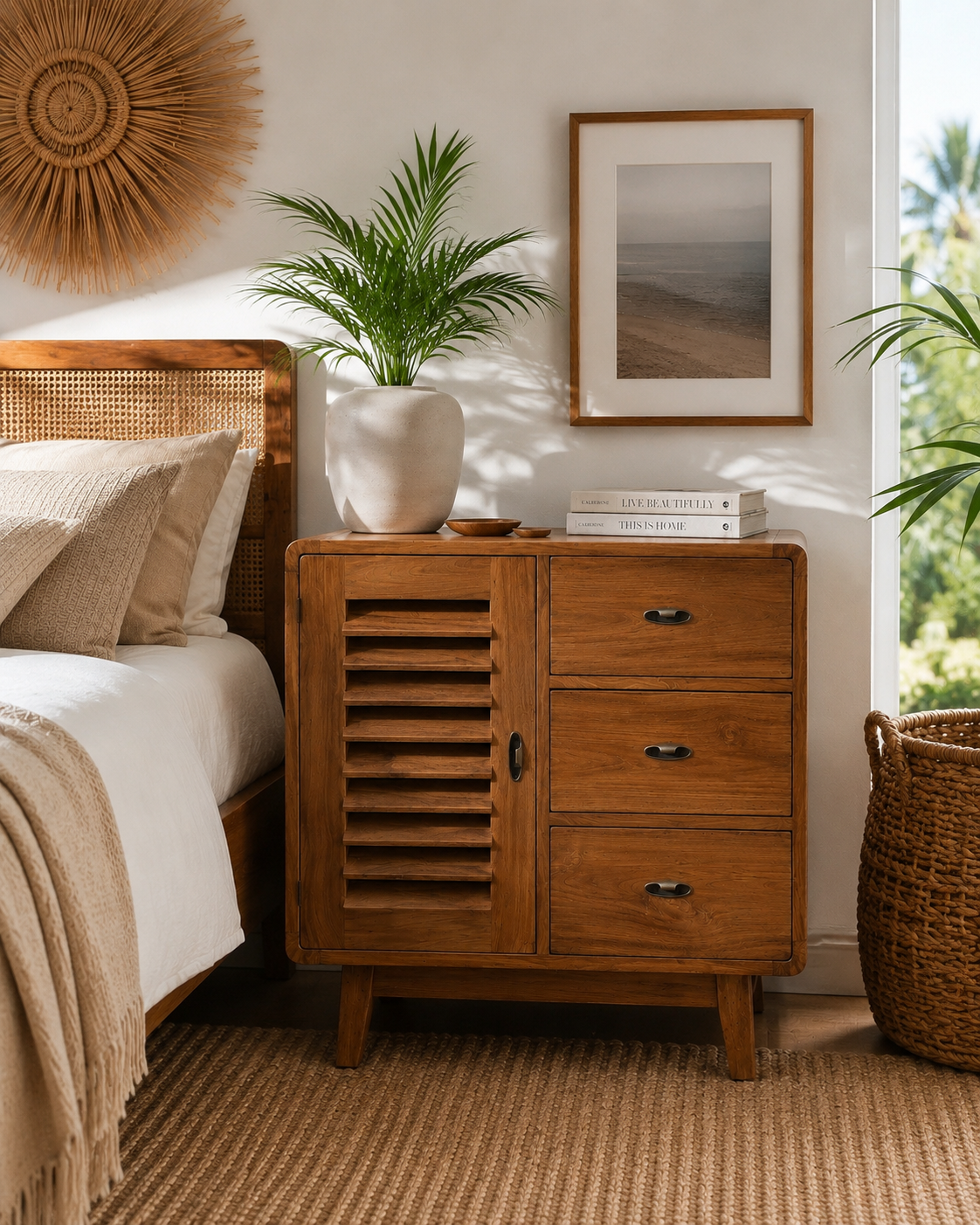 Recycled Teak 3 Drawer/1 Door Cabinet with a slatted left door in warm teak finish on Tampa Home & Garden Store