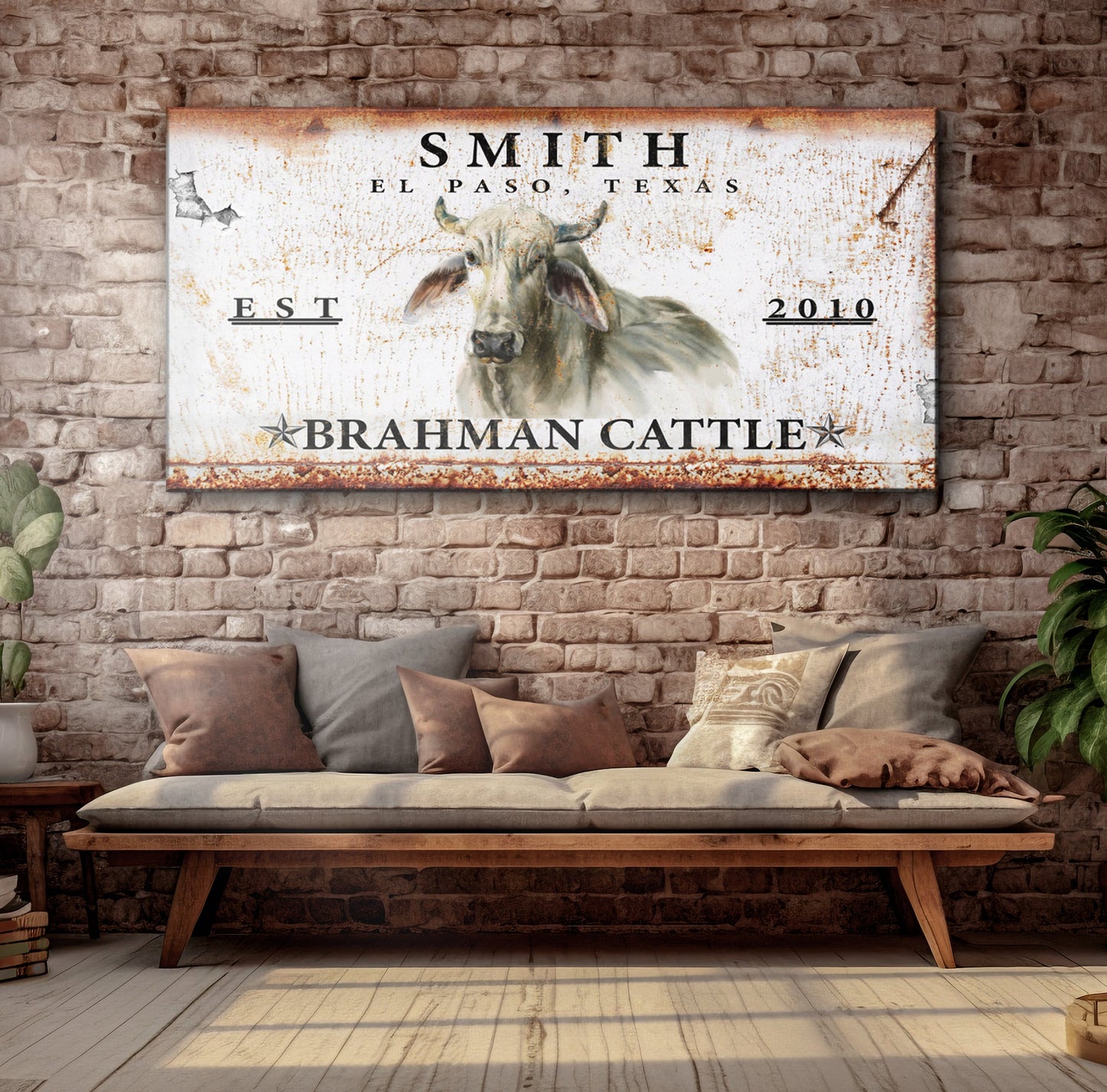 Brahman Cattle Sign canvas by Tailored Canvases; rusted, Brahman cattle illustration on Tampa Home & Garden Store