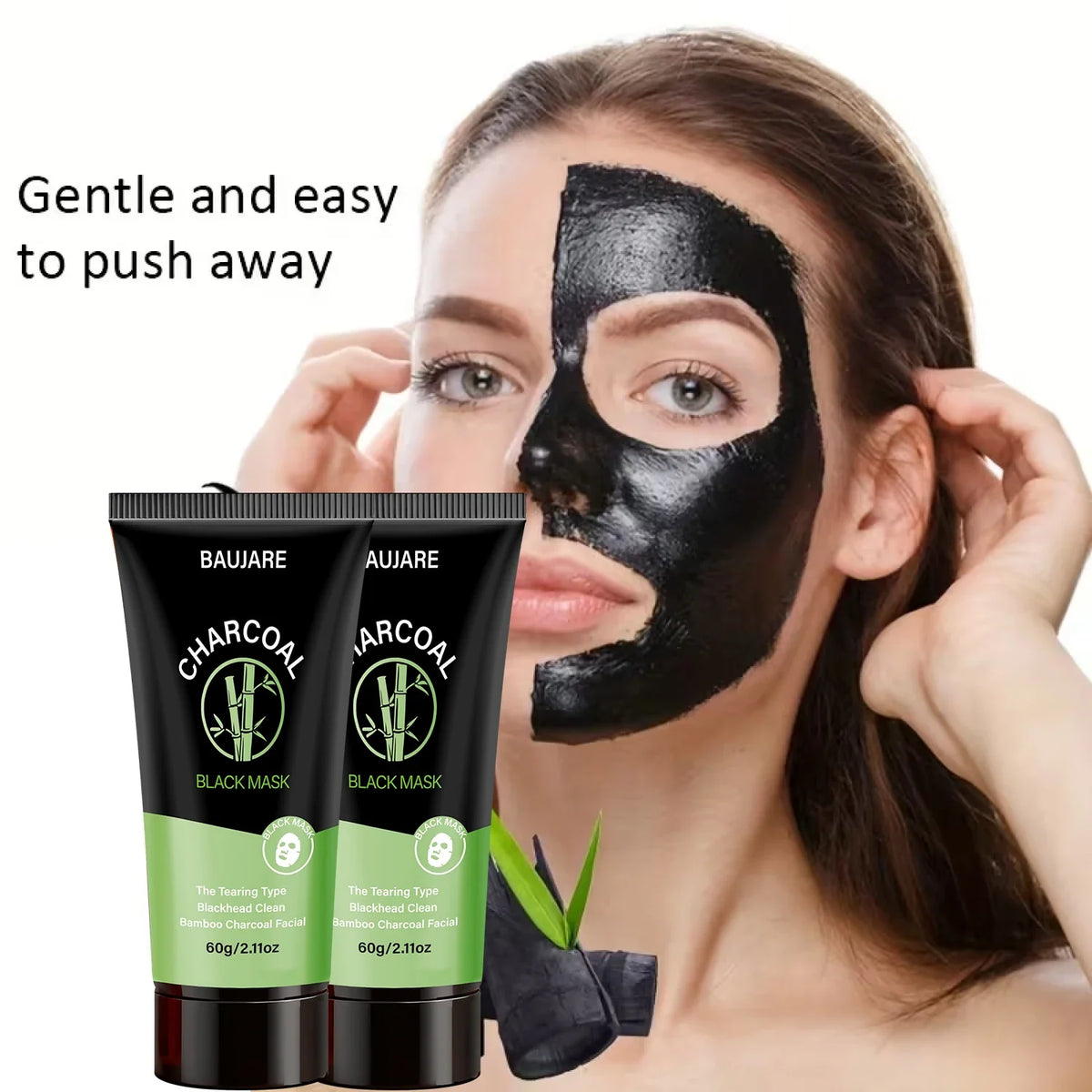 Charcoal Blackhead Peel Off Mask by Silcy Skin; model wearing mask and two bamboo charcoal mask tubes on Tampa Home & Garden Store