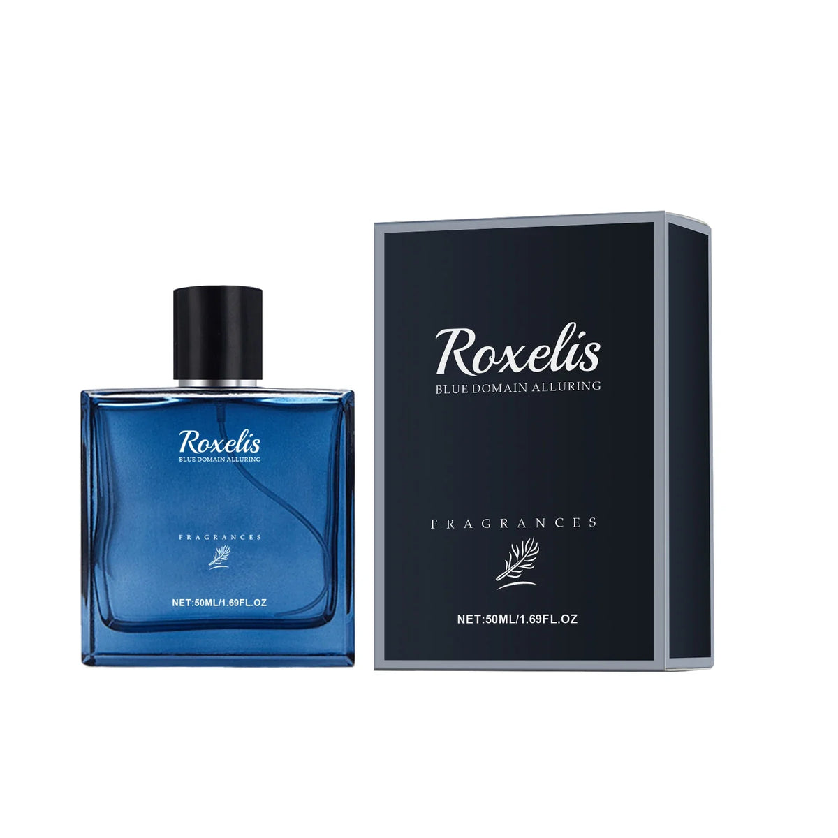 Roxelis 50ml blue men's cologne bottle with black cap beside dark blue box reading Blue Domain Alluring by Silcy Skin on Tampa Home & Garden Store