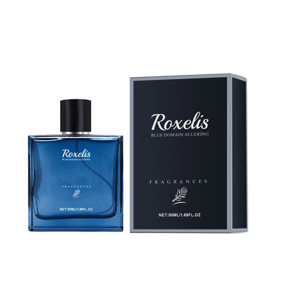Roxelis 50ml blue men's cologne bottle with black cap beside dark blue box reading Blue Domain Alluring by Silcy Skin on Tampa Home & Garden Store