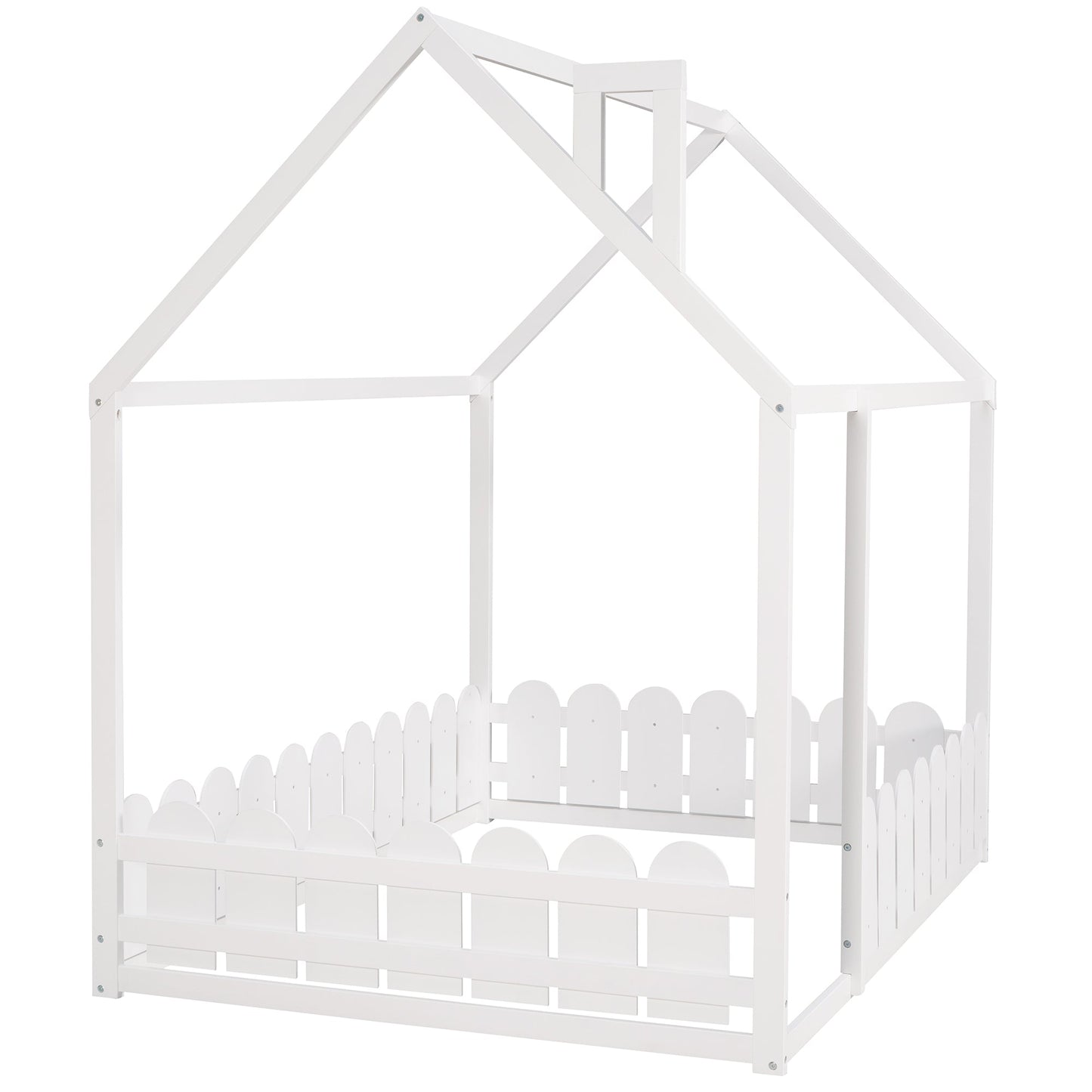 Full Size Wood Bed House Bed Frame with Fence for Kids (White)