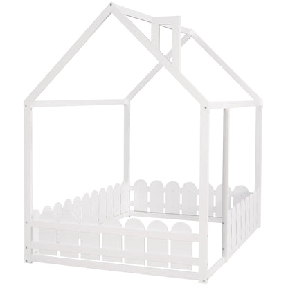 Full Size Wood Bed House Bed Frame with Fence for Kids (White)