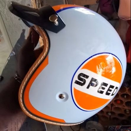 Street King open-face helmet, light blue shell with orange SPEED logo and leather trim on Tampa Home & Garden Store