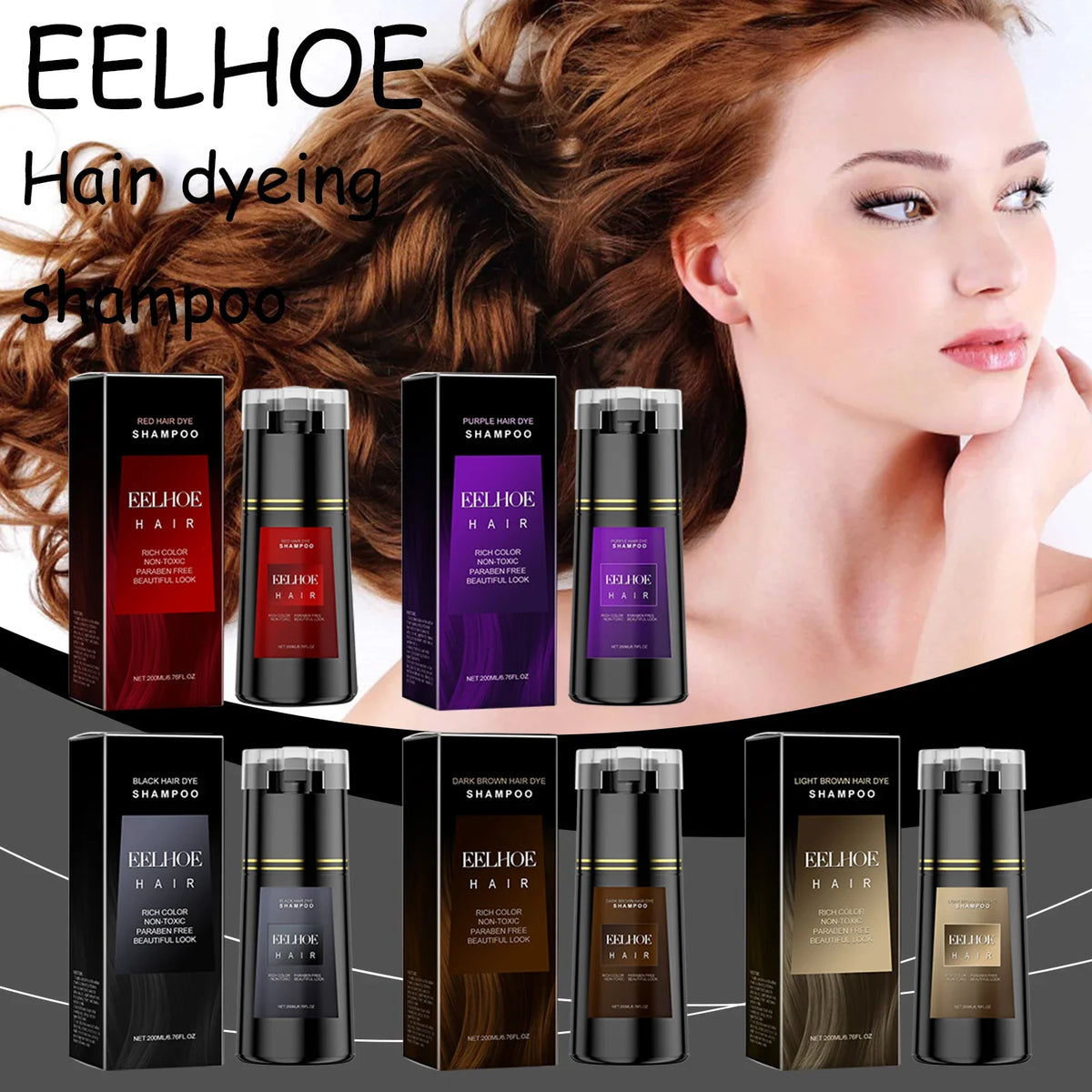EELHOE Hair Dye Shampoo bottles and boxes in red and purple with a model's brown hair on Tampa Home & Garden Store