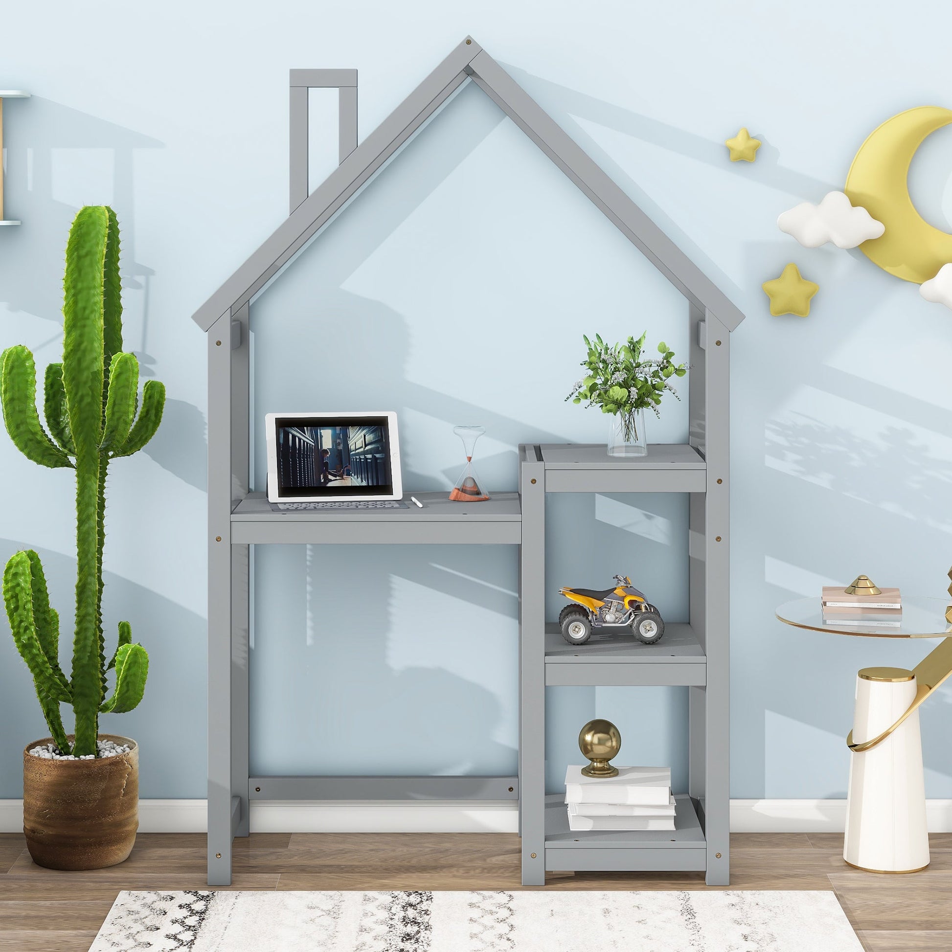 House-shaped Wooden writing Desk,Kids study Table,Bookshelf & Toy Storage,Grey - Tampa Home & Garden Store