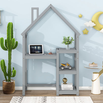 House-shaped Wooden writing Desk,Kids study Table,Bookshelf & Toy Storage,Grey - Tampa Home & Garden Store