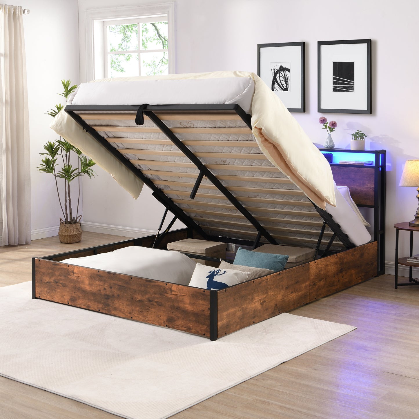 Elevating storage bed frame, full-size bed frame with bookshelf headboard and LED lights, with country brown color - Tampa Home & Garden Store