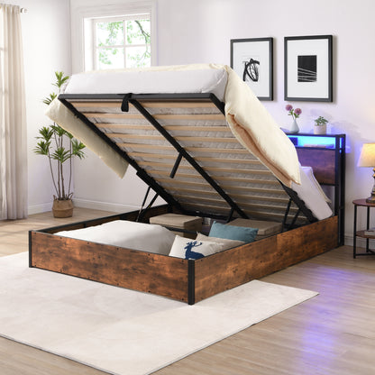 Elevating storage bed frame, full-size bed frame with bookshelf headboard and LED lights, with country brown color - Tampa Home & Garden Store