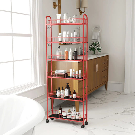 Red 6-tier rolling cart slim slide storage tower with wire shelves on casters on Tampa Home & Garden Store