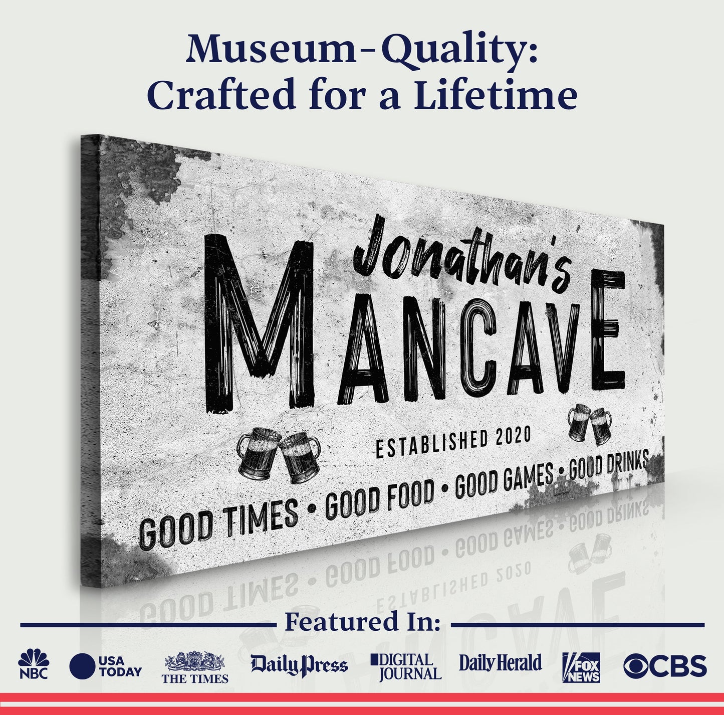 Canvas Good Times Man Cave Sign III by Tailored Canvases wall art with grayscale text on Tampa Home & Garden Store