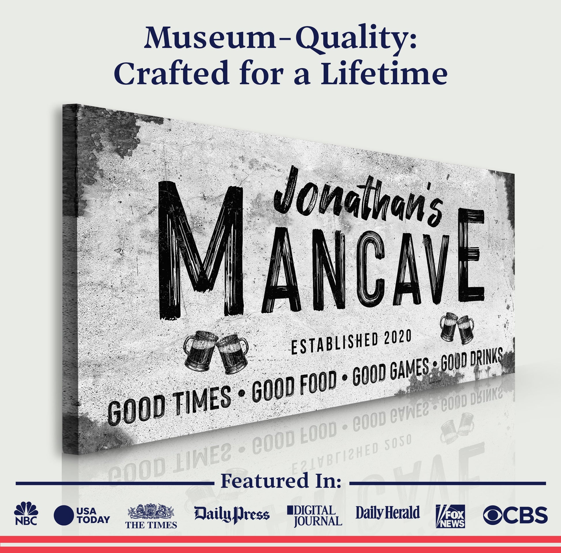 Canvas Good Times Man Cave Sign III by Tailored Canvases wall art with grayscale text on Tampa Home & Garden Store