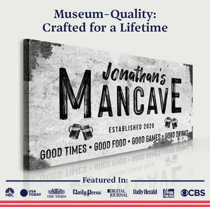 Canvas Good Times Man Cave Sign III by Tailored Canvases wall art with grayscale text on Tampa Home & Garden Store