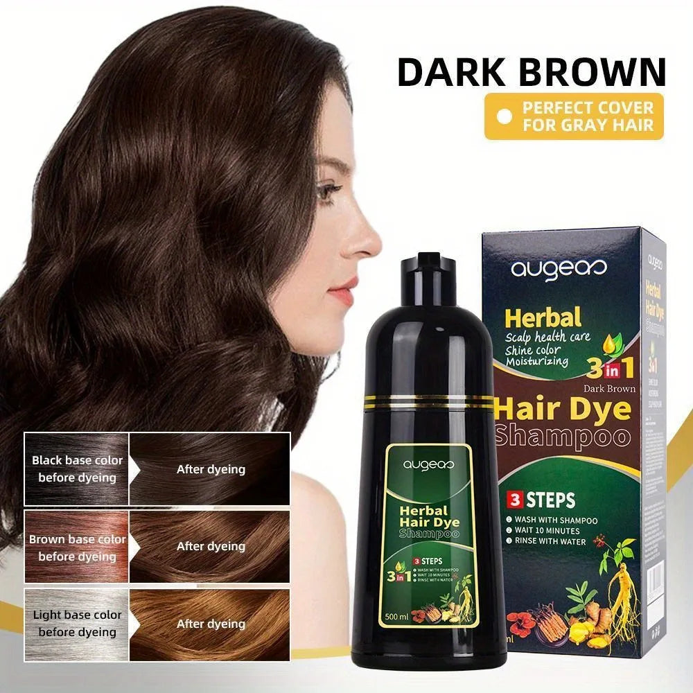 Hair Dye Shampoo 3 in 1 dark brown herbal color for gray hair plant based bottle with box on Tampa Home & Garden Store