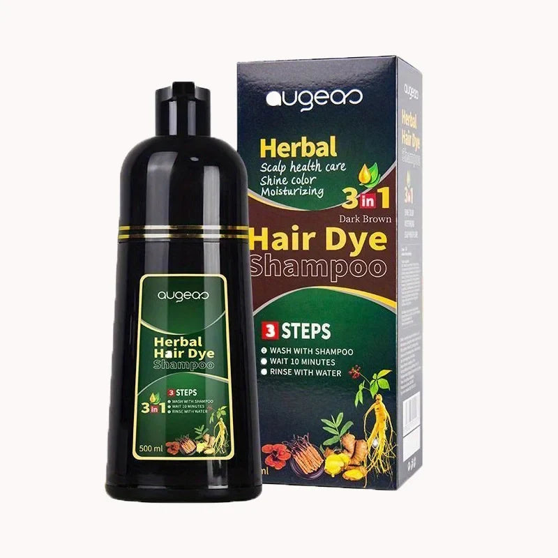 Augeo Herbal Hair Dye Shampoo 3 in 1 Dark Brown color in black bottle on Tampa Home & Garden Store