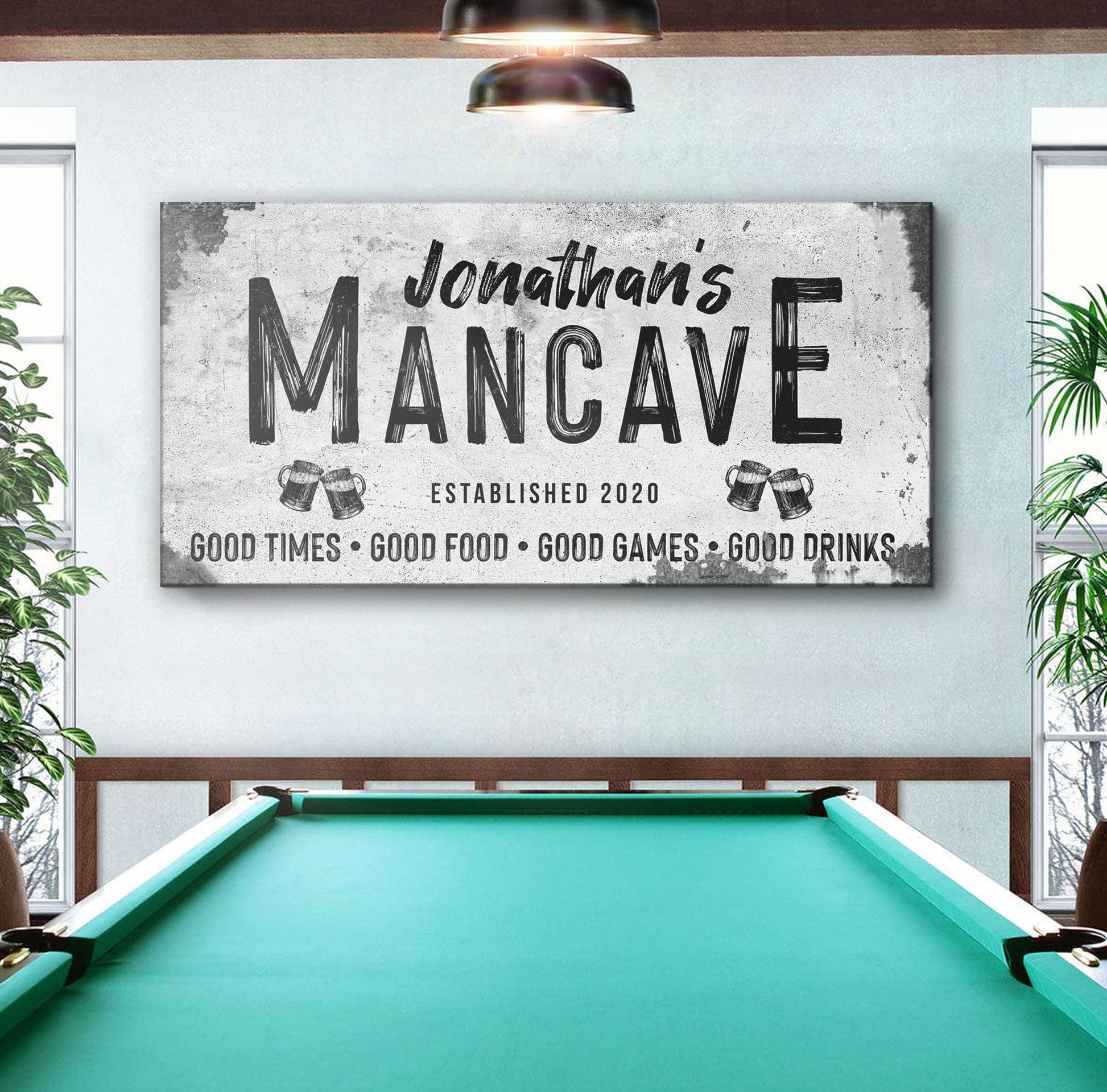 Good Times Man Cave Sign III canvas with distressed finish and Jonathan's Mancave typography on Tampa Home & Garden Store