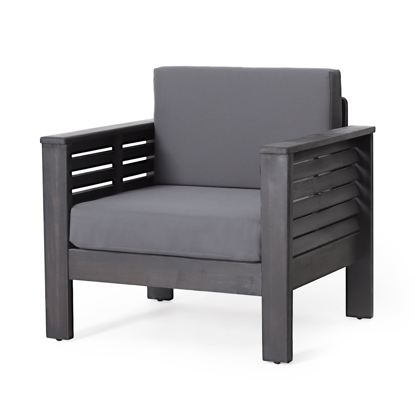 2 Outdoor Acacia Wood Club Chairs with Cushions, Dark Gray, 27.75"D x 32"W x 27.75"H