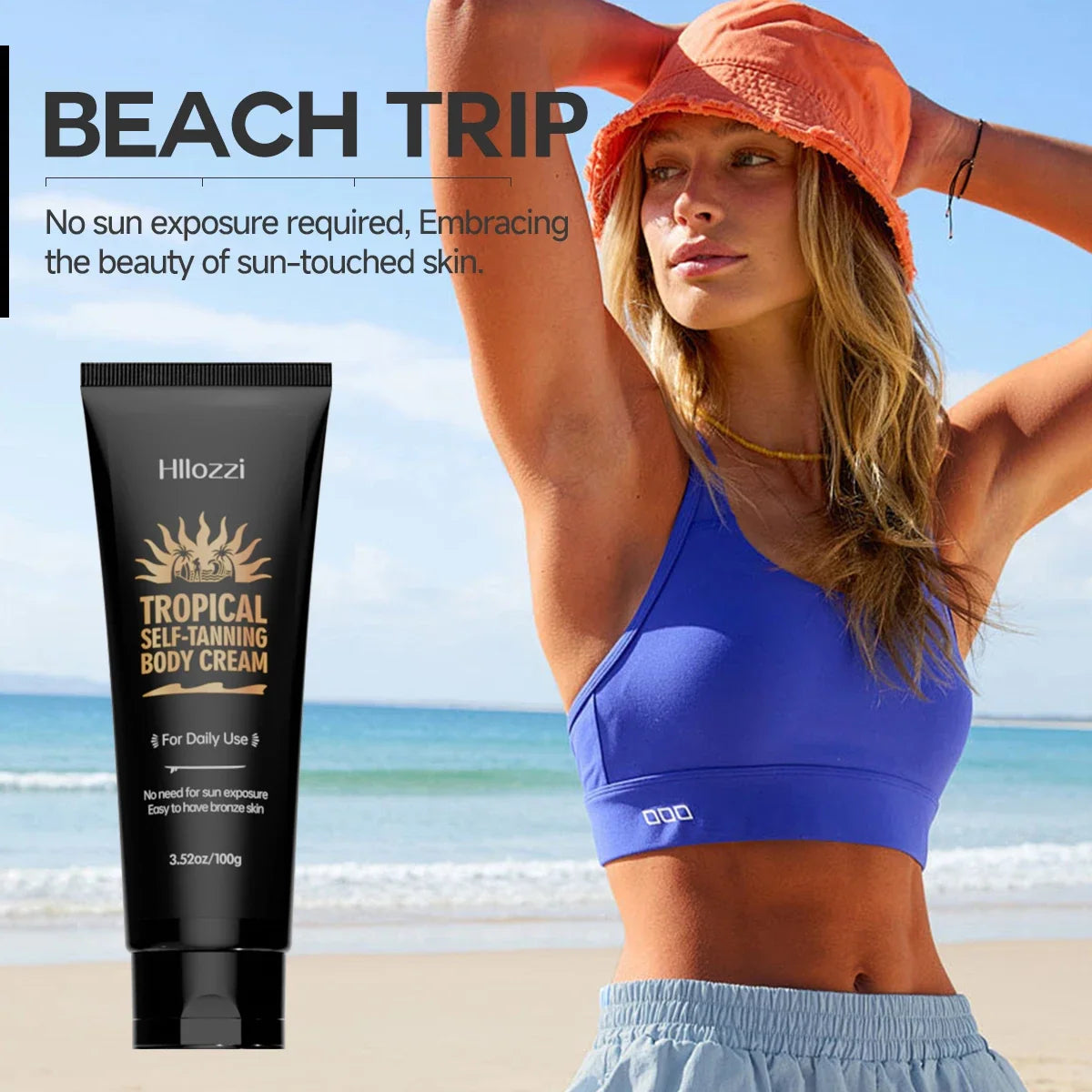 Self-tanning body cream tube Silcy Skin Tropical on beach with model in blue top on Tampa Home & Garden Store