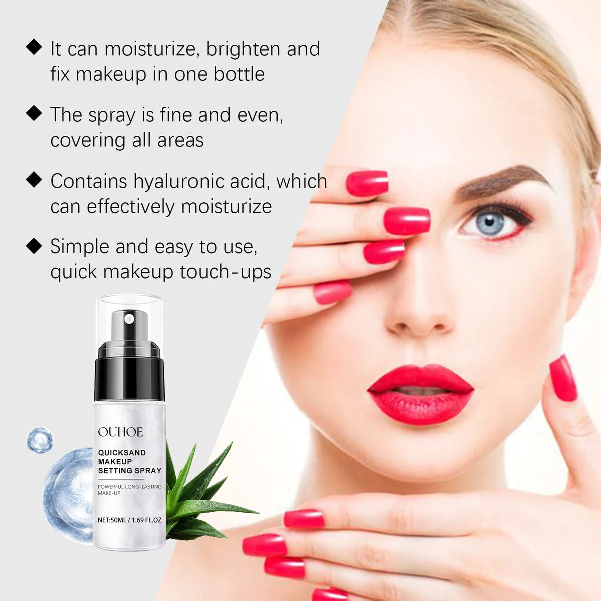 Quicksand makeup setting spray bottle by OUHOE; white bottle, black pump, aloe leaves on Tampa Home & Garden Store