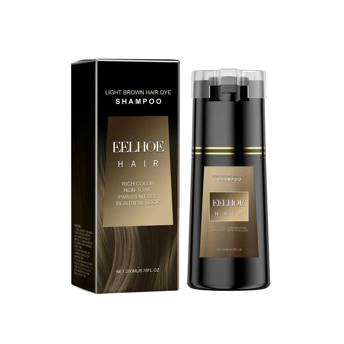 EELHOE Hair Dye Shampoo bottle with black-gold box, light brown shade, 200ml on Tampa Home & Garden Store