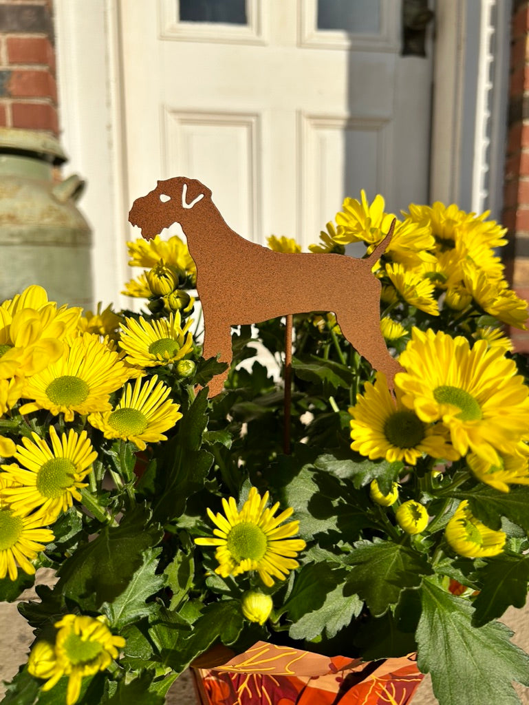 Airedale Terrier plant stake in rust metal, decorative garden memorial on Tampa Home & Garden Store