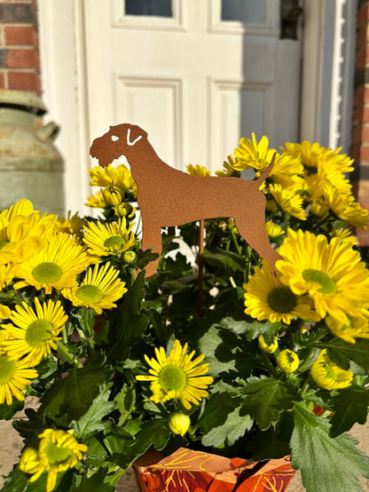 Airedale Terrier plant stake in rust metal, decorative garden memorial on Tampa Home & Garden Store