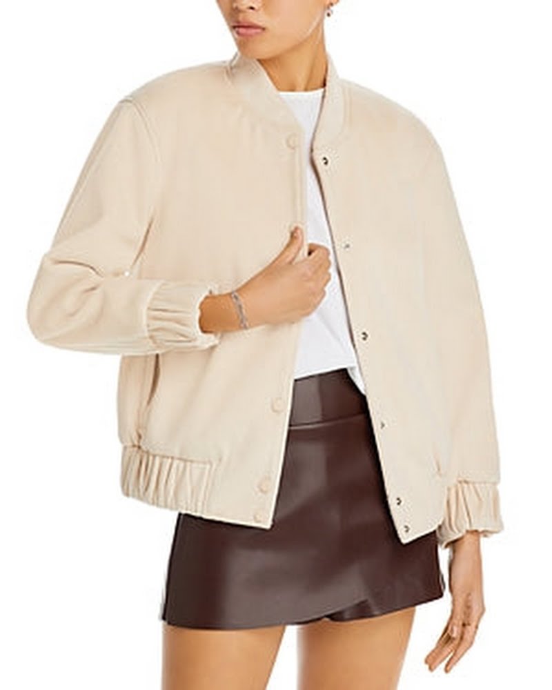 Endless Rose Oversized Felt Varsity Jacket by Vanessa Jane, beige felt, new with tags on Tampa Home & Garden Store