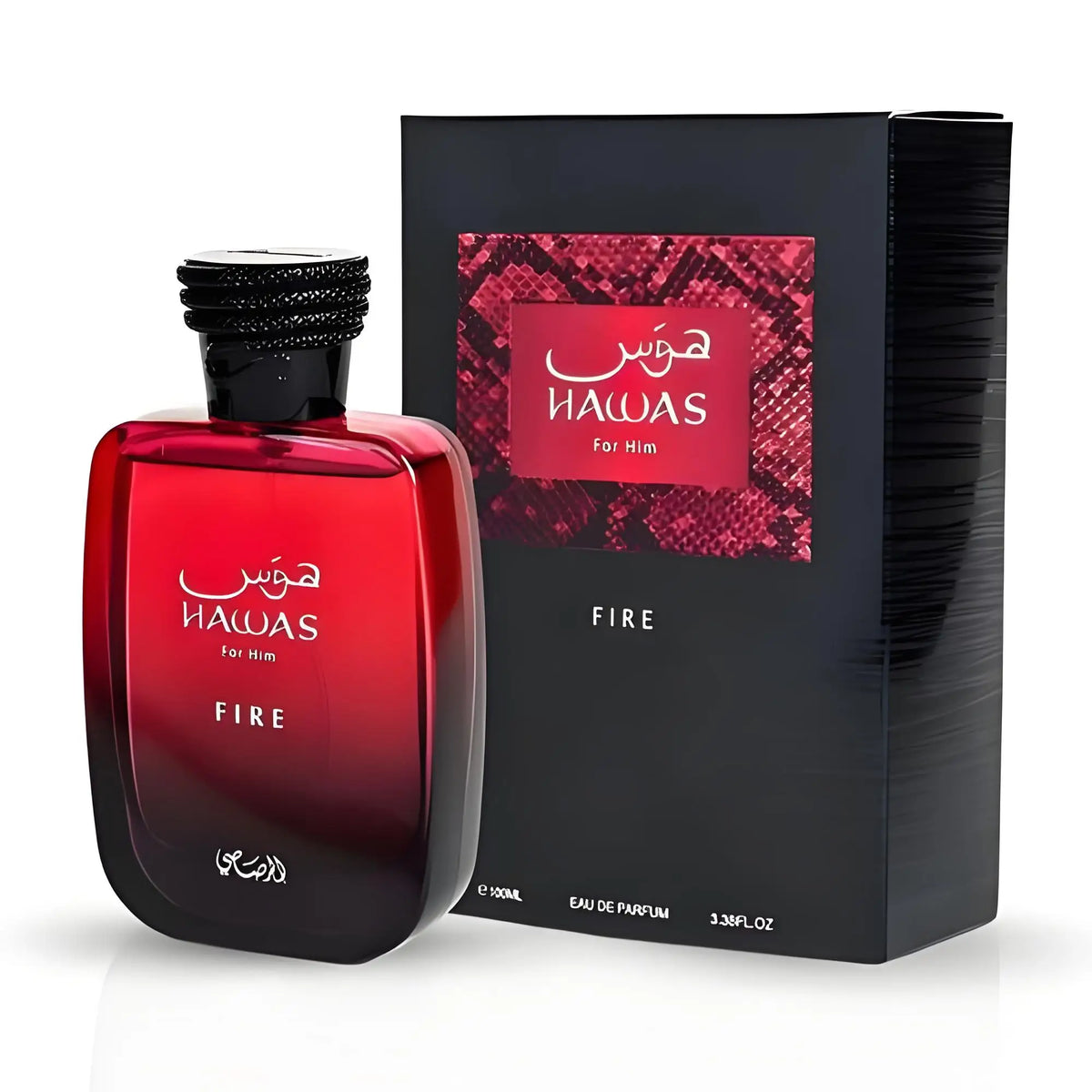 Silcy Skin Hawas Fire 100ml EDP bottle in red glass with black cap beside black box on Tampa Home & Garden Store