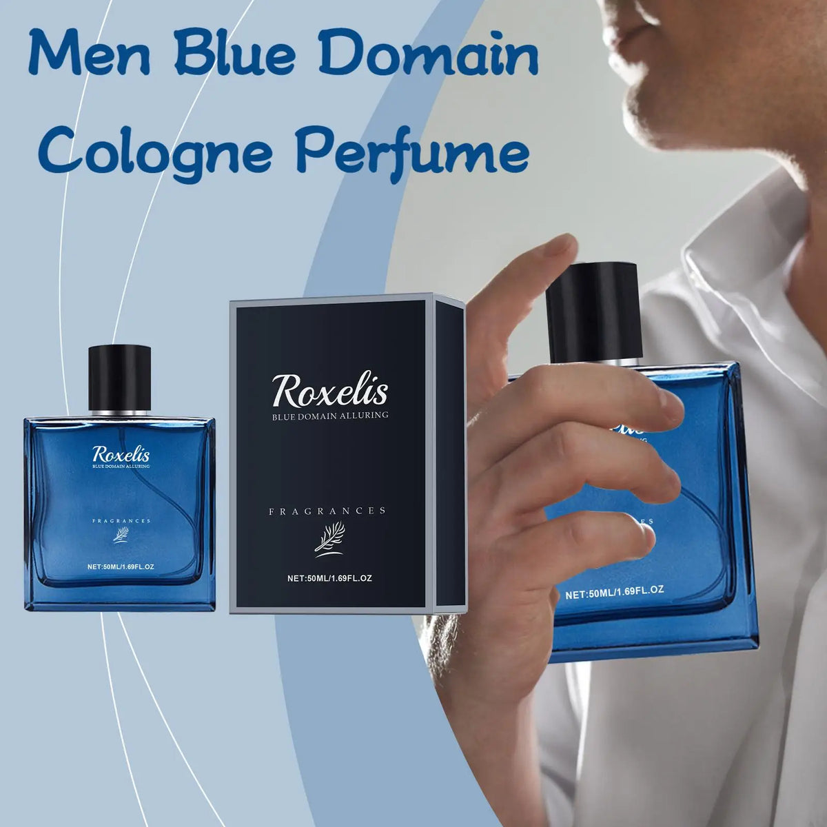 Roxelis 50ml blue domain men’s fragrance bottle with black cap beside dark box by Silcy Skin on Tampa Home & Garden Store