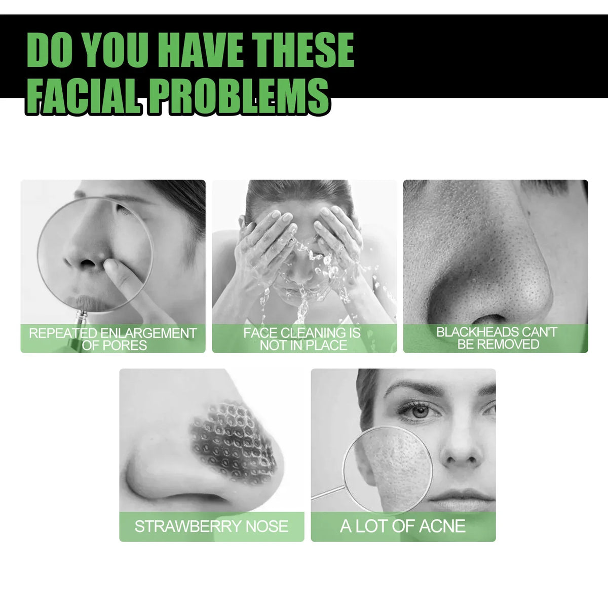 Eelhoe Bamboo Charcoal Mask collage by Silcy Skin — six grayscale tiles show pores and acne on Tampa Home & Garden Store