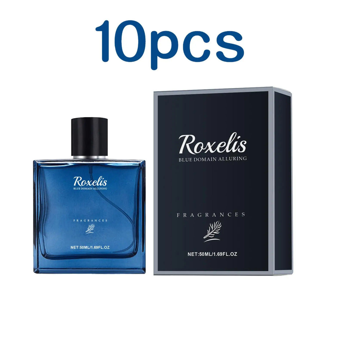 Roxelis blue 50ml perfume bottle with black cap beside Roxelis Blue Domain box 2-piece on Tampa Home & Garden Store