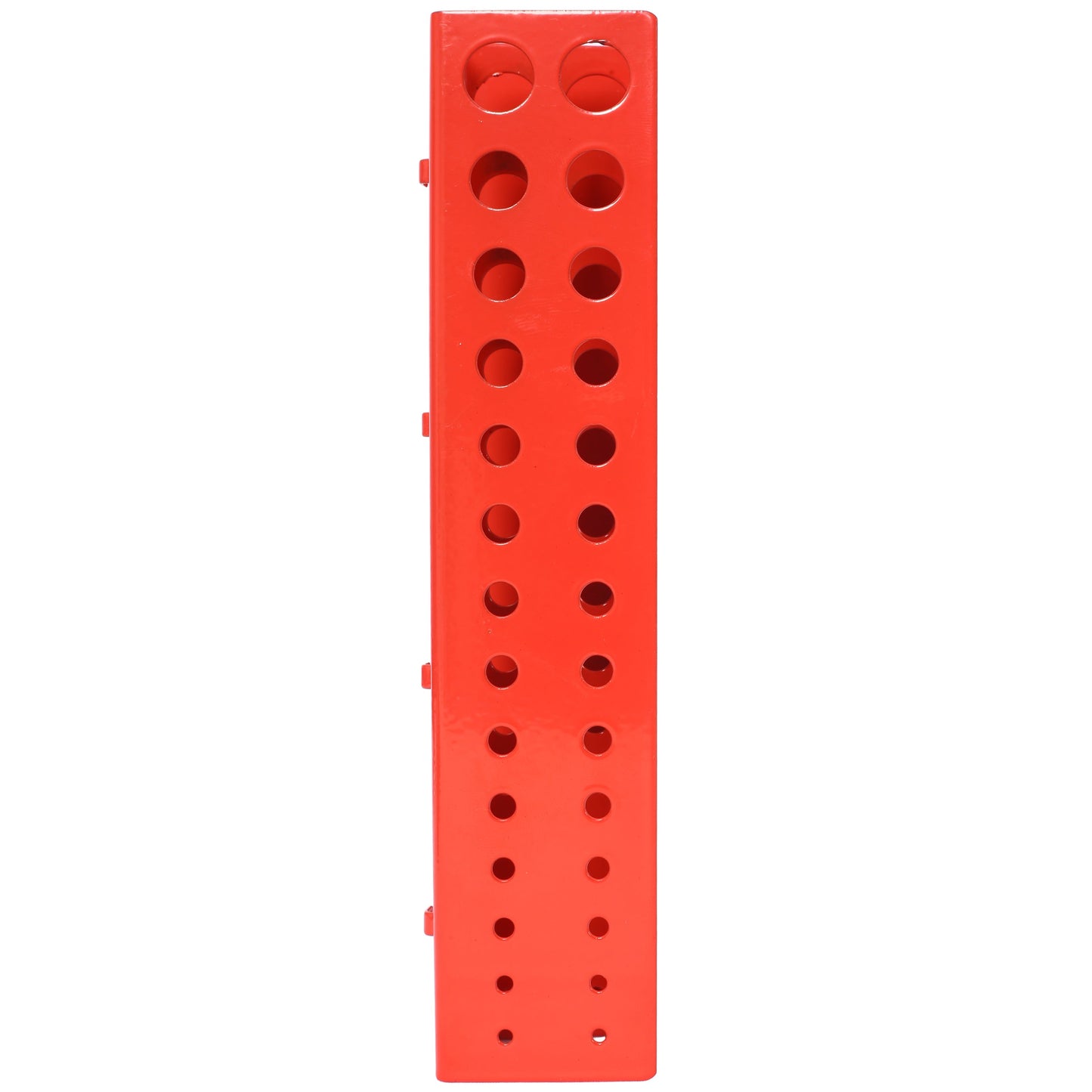 Red 4-foot metal garage nail board rack with circular holes for storing nail boards on Tampa Home & Garden Store