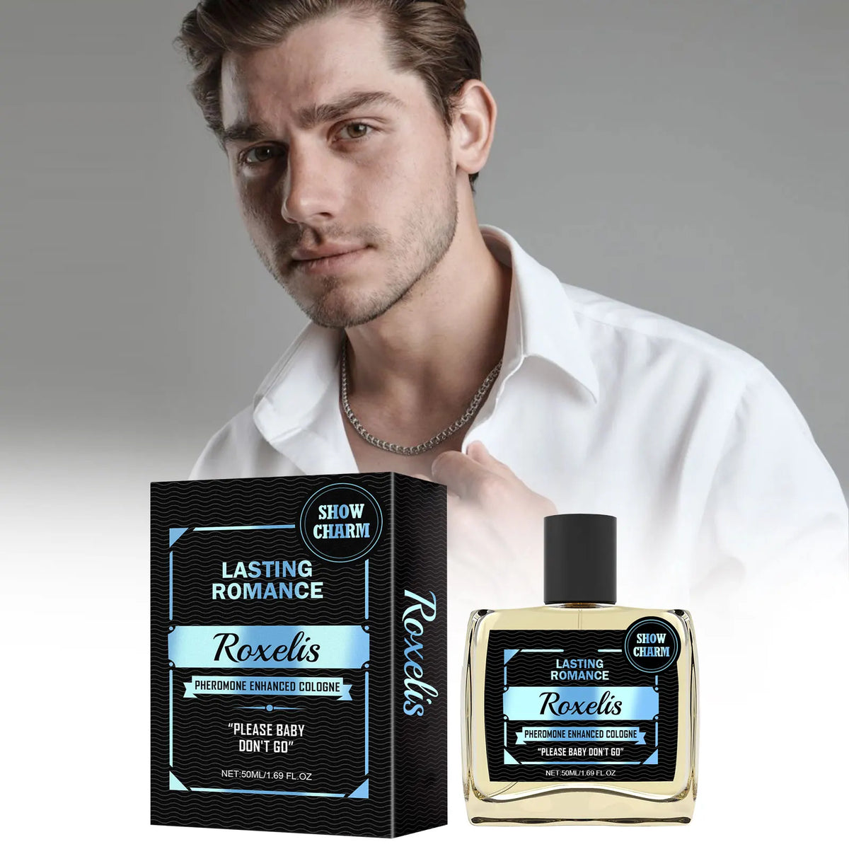 Roxelis 50ml pheromone cologne for men by Silcy Skin, boxed black packaging with blue label on Tampa Home & Garden Store