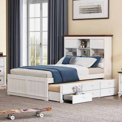 Solid Pine Captain Bookcase Bed with Trundle Bed and 3 Spacious Under Bed Drawers in Casual,Full, White+Walnut - Tampa Home & Garden Store
