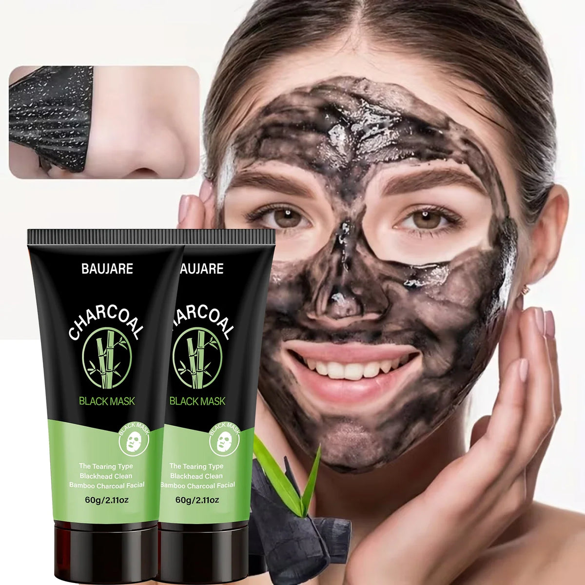 Charcoal Peel Off Mask tubes (2) with bamboo charcoal, centella & niacinamide on face on Tampa Home & Garden Store