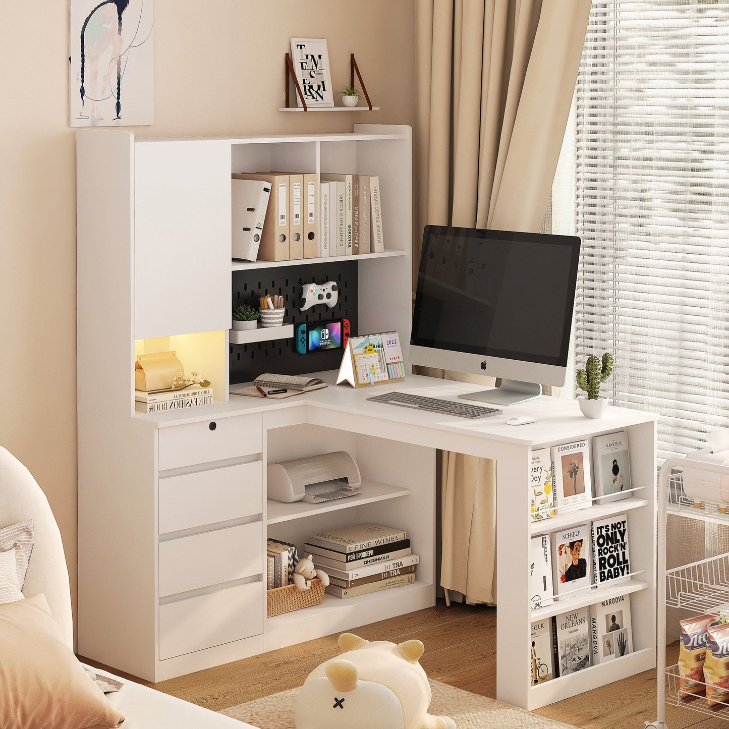 L-shaped office desk with charger, bookshelf with drawers and LED lights, and corner gaming computer desk with storage space - Tampa Home & Garden Store