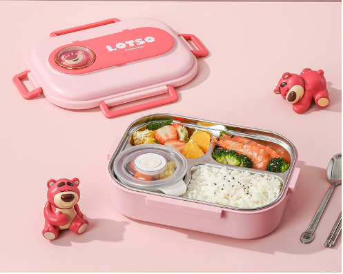 Pink cartoon lunch box with stainless steel insulated tray and lid, two bear figurines on Tampa Home & Garden Store