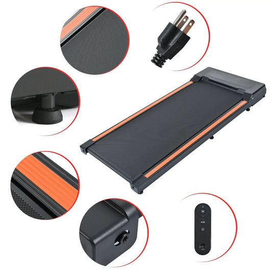 Desk treadmill 300 lb capacity for home office with black belt, orange rails, and remote on Tampa Home & Garden Store
