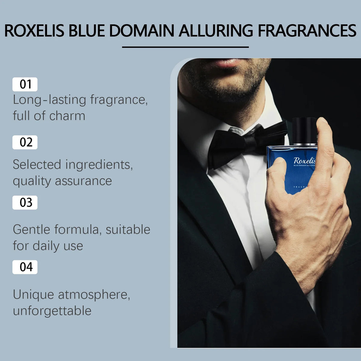 Roxelis 50ml blue domain cologne bottle held by a man in a tuxedo Silcy Skin on Tampa Home & Garden Store