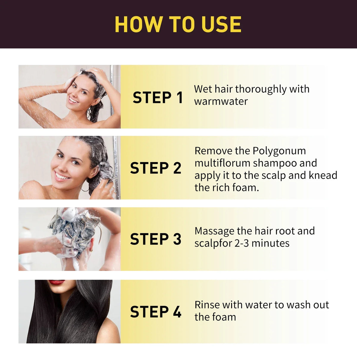 EELHOE Brown Hair Dyeing Shampoo step-by-step guide with 4 steps: wet, lather, massage, rinse on Tampa Home & Garden Store