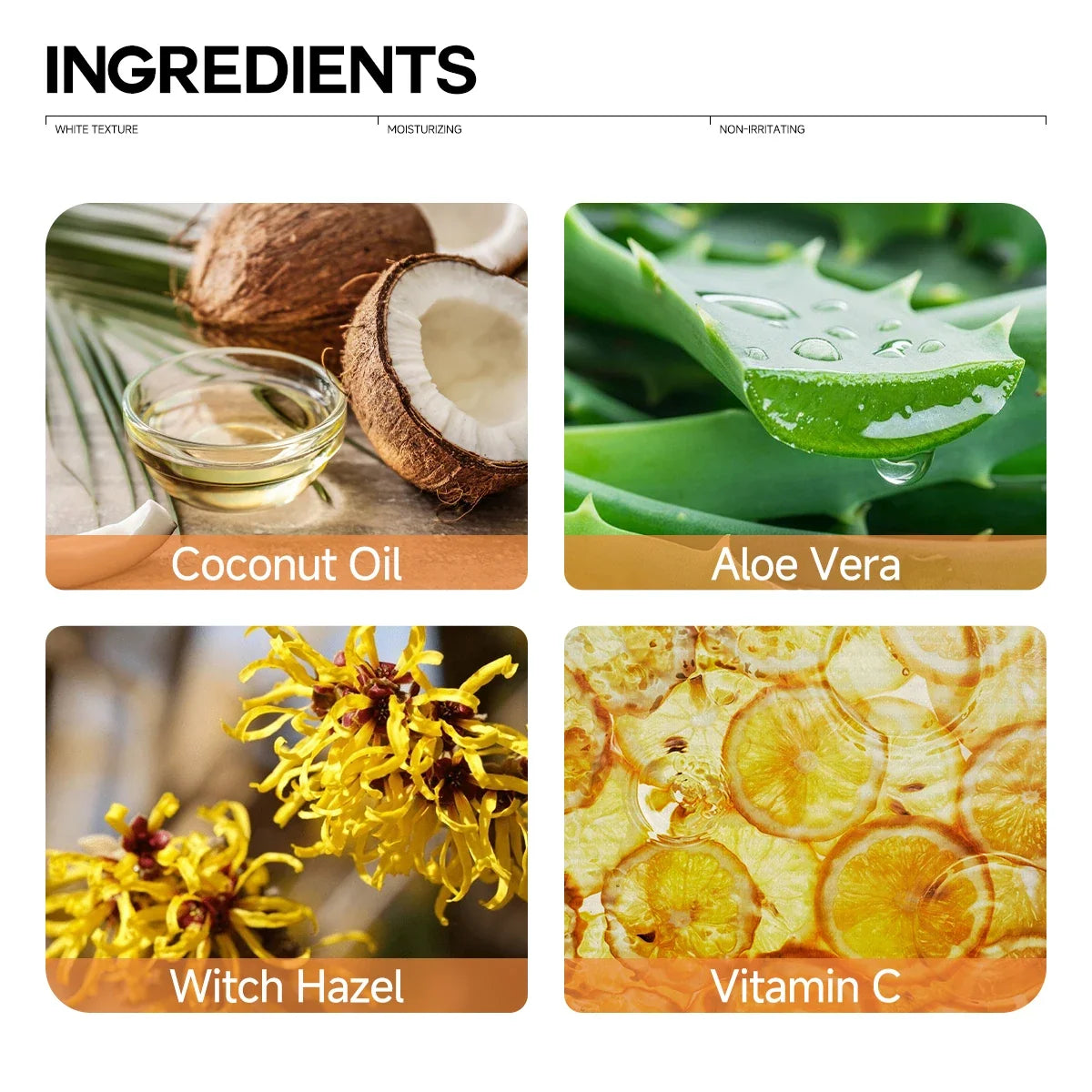 Self-tanning lotion ingredients collage: Coconut Oil, Aloe Vera, Witch Hazel, Vitamin C on Tampa Home & Garden Store