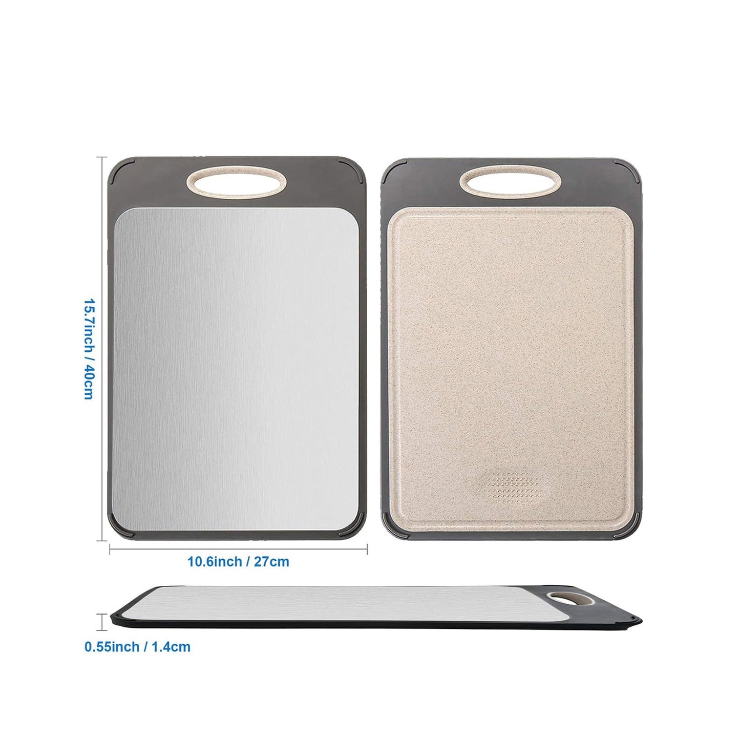 Double-sided cutting board with stainless steel left and beige wheat-straw right, 2-piece on Tampa Home & Garden Store