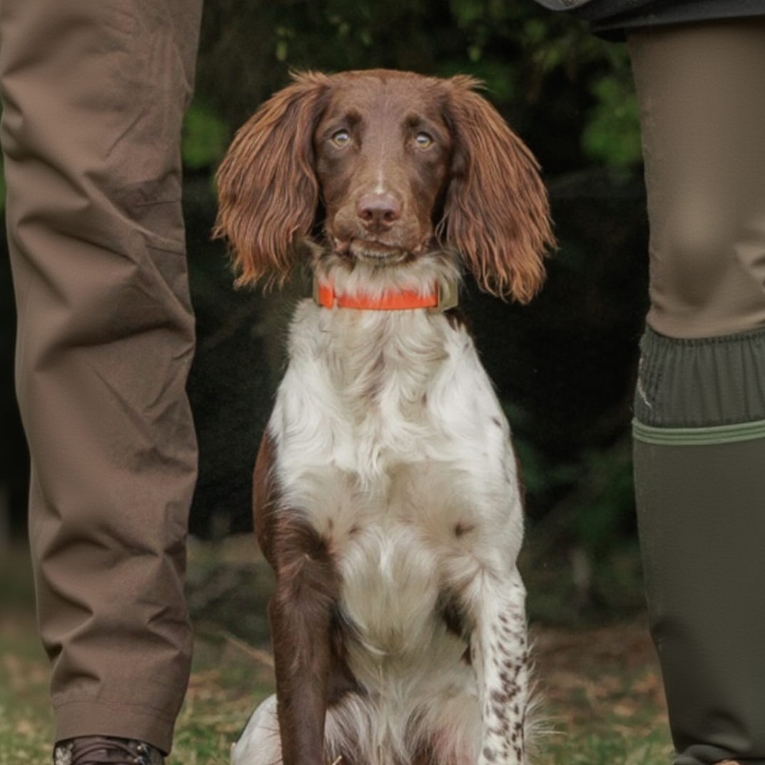 FIELD COLLAR orange nylon Hoss Straps hunting dog collar on a brown and white Springer Spaniel on Tampa Home & Garden Store
