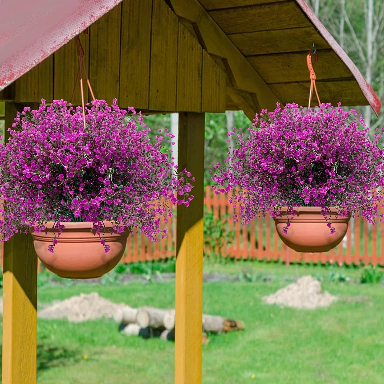 Perfecsy 12 Bunches outdoor UV resistant plastic purple hanging flowers in two hanging pots on Tampa Home & Garden Store
