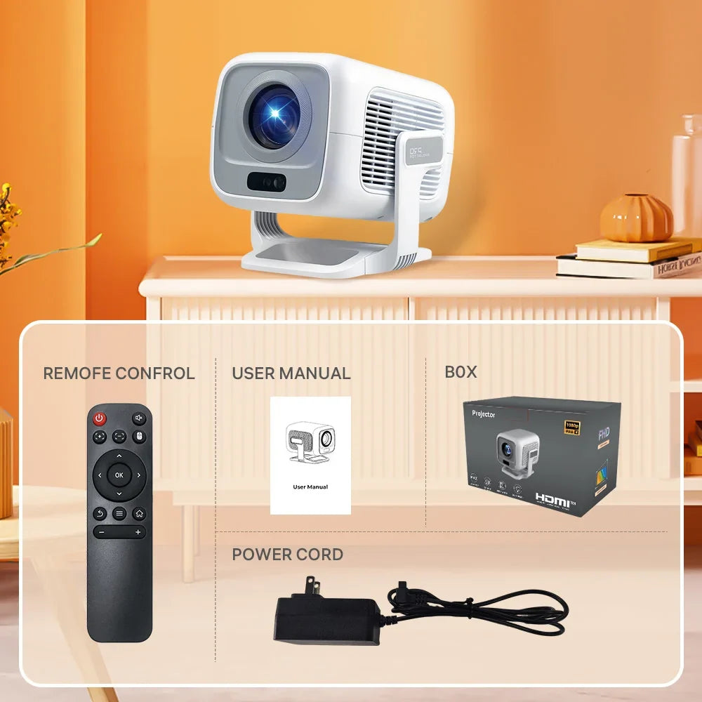 LYNCast X3AR white outdoor projector with blue lens on a stand, remote, manual and box visible on Tampa Home & Garden Store