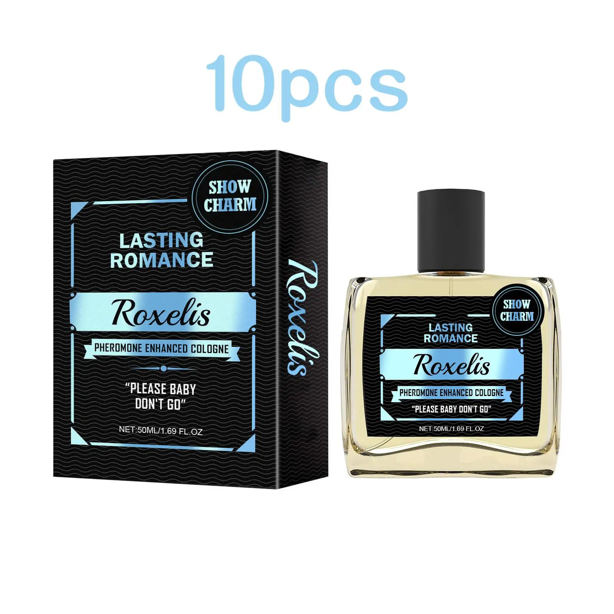Roxelis 50ml pheromone cologne bottle and black box with blue label Silcy Skin Lasting Romance on Tampa Home & Garden Store