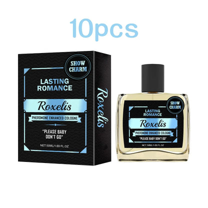 Roxelis 50ml pheromone cologne bottle and black box with blue label Silcy Skin Lasting Romance on Tampa Home & Garden Store