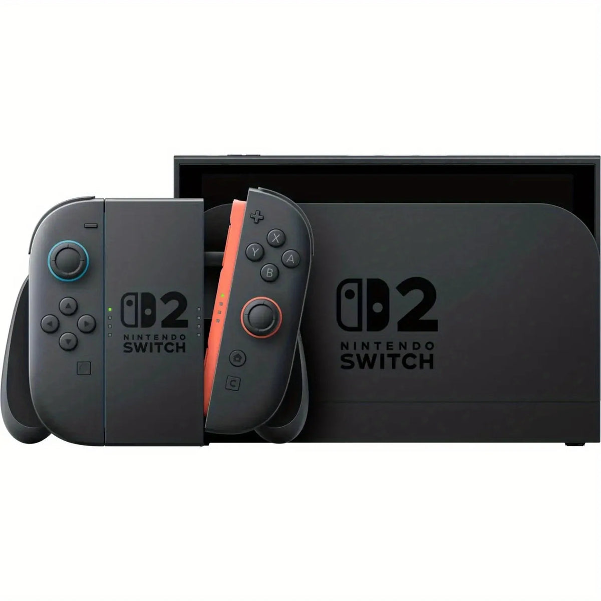 Nintendo Switch 2 gaming console with dock and JoyCons (blue left, orange right) in TV mode on Tampa Home & Garden Store